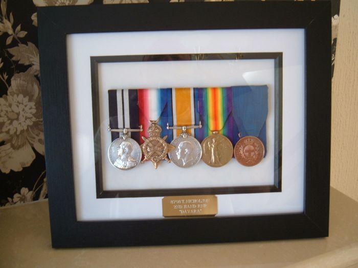 Peter, Excellent workmanship, my grandfather's (T Nicholson) medals mounted in the frame look stunning. Very efficient and quality job. Thank you
Dave Bell.